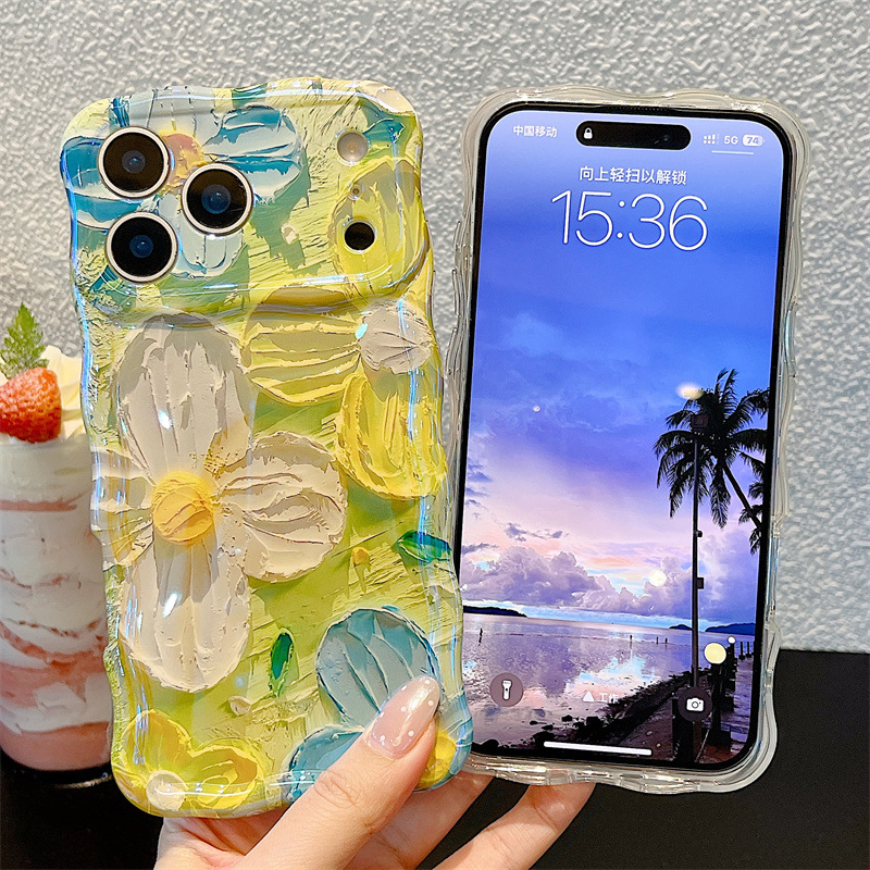 Apple Iphone 15 - Modische Ölgemälde-Blumen Wellenförmige Handyhülle für iPhone